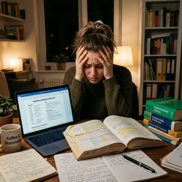 Estudiante adulta estresada estudiando gramática alemana sin poder hablar fluidamente